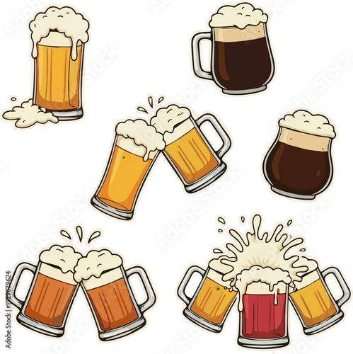 Beer Sticker Pack — Cartoon Vector Set of Golden Lager, Dark Stout, and Red Ale Mugs with Foam Splash and Clinking Toast for Oktoberfest, Bar Menu, and Pub Celebration Design