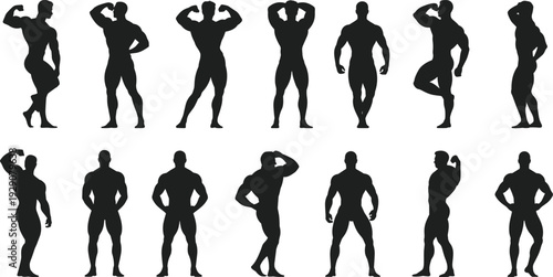 Large collection of black silhouettes featuring muscular male bodybuilders flexing and posing in various professional physique competition stances isolated on a white background