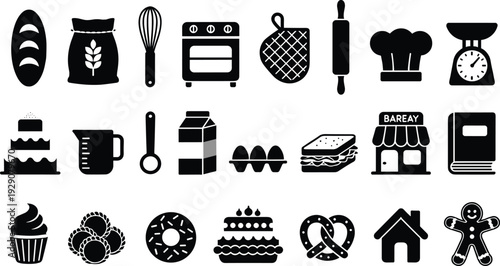 Bakery Icon Set with Bread Whisk Oven Mitt Rolling Pin Chef Hat Cake Measuring Cup Milk Eggs Sandwich and Gingerbread Man