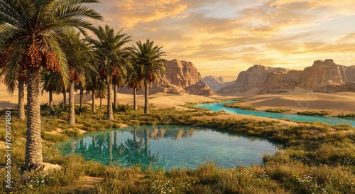 Lush green palm trees with ripe dates stand by a tranquil blue oasis pond and winding river in a vast desert landscape under a golden sunset sky
