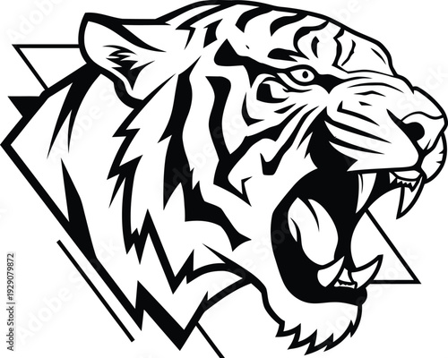 Fierce black and white tiger head roaring aggressively inside sharp geometric graphic emblem design