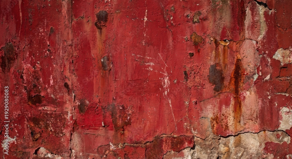 Obraz premium Distressed, vibrant red painted concrete wall exhibits a rich, aged texture with peeling paint, deep cracks, and visible rust stains, creating a rugged, weathered surface