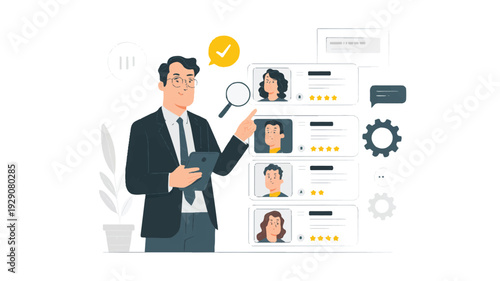 Businessman analyzing user profiles and ratings on a digital screen with a magnifying glass