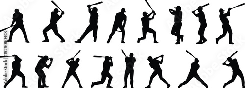Large collection of black silhouettes featuring male baseball players swinging bats and hitting balls in various active sports poses isolated on a white background