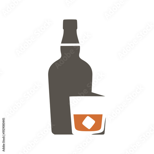 Premium Whiskey Bottle and Glass with Ice Cube Silhouette for Distillery and Bar Branding logo Vector Illustration