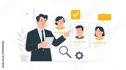 Businessman presenting profiles with ratings and checkmark