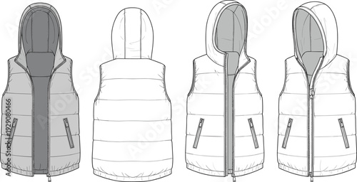Hooded padded vest collection, sleeveless winter jacket vector template with front and back views, apparel fashion design isolated white background