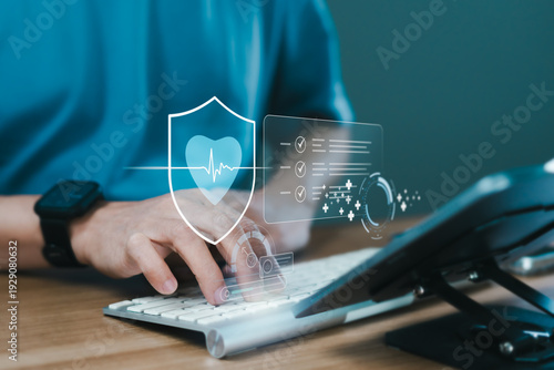 Digital healthcare protection interface with heart shield and medical checklist on tablet