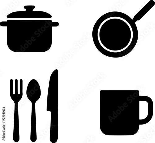 Kitchen Furniture and Appliance Silhouette Icon Set