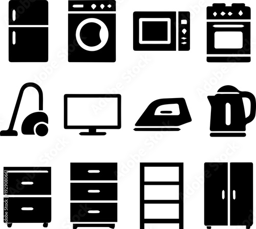 Kitchen Furniture and Appliance Silhouette Icon Set