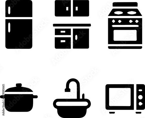 Kitchen Furniture and Appliance Silhouette Icon Set