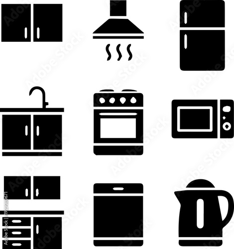 Kitchen Furniture and Appliance Silhouette Icon Set
