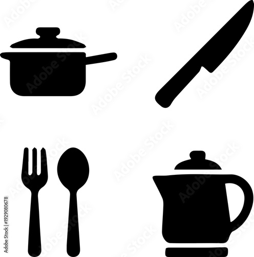 Kitchen Furniture and Appliance Silhouette Icon Set