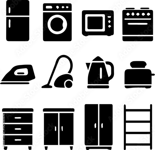 Kitchen Furniture and Appliance Silhouette Icon Set