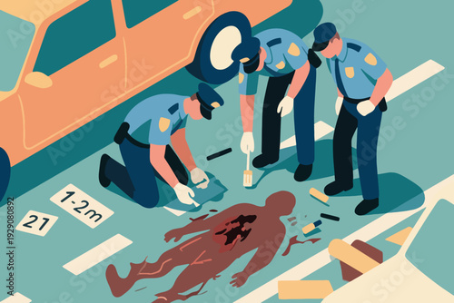 Illustration Of A Police Team Checking The Scene Of The Incident, With A Car Beside It Vector Design Template