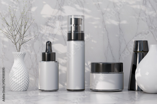 A minimalist still life of white and silver beauty products on a marble countertop