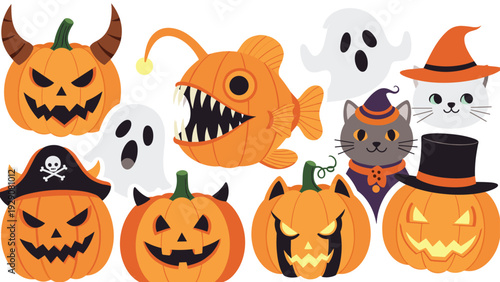 Fun collection of Halloween icons features various carved pumpkins, spooky white ghosts, and cute cats in witch hats and costumes.