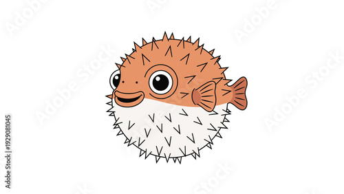 Cute orange and white pufferfish with large round eyes and sharp defensive spines is shown floating on a plain white background.