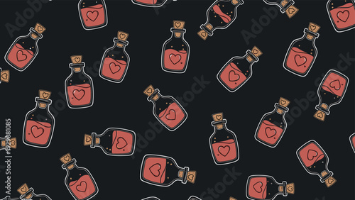 Enchanting pattern displays numerous small glass bottles filled with red heart potions scattered across a dark, almost black background.