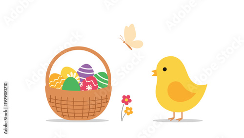 Cute yellow chick looks at a butterfly next to a wicker basket filled with colorful decorated easter eggs and spring flowers.