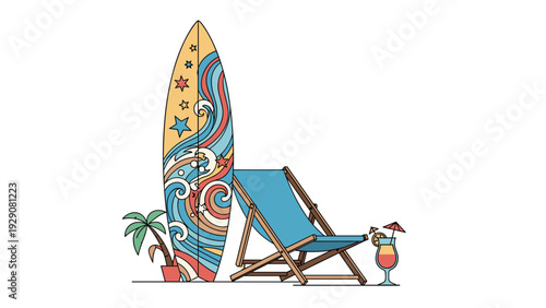 Summer vacation scene illustration showing a surfboard with wave patterns, a beach chair, a small palm tree, and a tropical cocktail.