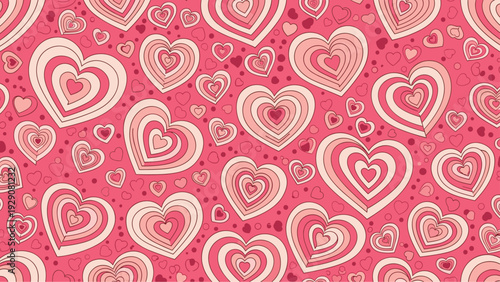 Seamless pattern design filled with numerous concentric hearts in different shades of pink and red on a bright background for romantic decor.