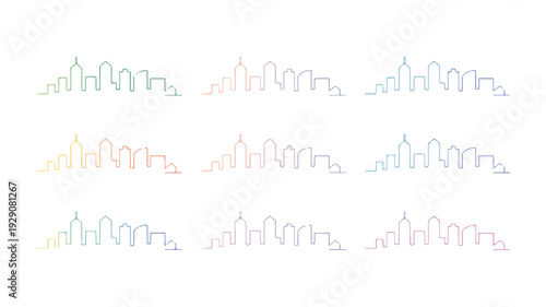 City skyline silhouettes in various bright colors and designs