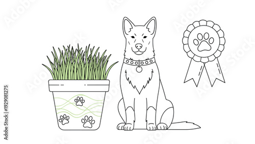 Line art drawing of a faithful dog sitting next to a potted plant and a prize ribbon award for pet shows and animal training success.