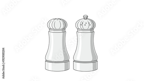 Pair of classic white salt and pepper shakers with elegant curved designs for dining table settings and kitchen accessory illustrations.