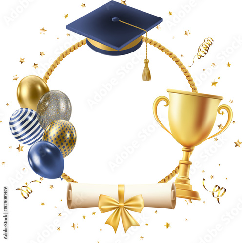 Graduation celebration frame with hat, balluns and diploma. Luxury border for graduate party design card and posters. Vector illustration Eps 10.