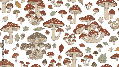 Seamless background pattern featuring a variety of wild forest mushrooms and falling autumn leaves in warm earthy colors on a white backdrop.