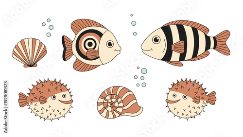 Collection of colorful sea creatures including striped fish, puffer fish, sea shells, and bubbles for ocean life and underwater themes.