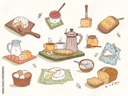 Colorful hand-drawn vector set of rustic farm breakfast elements: basket with eggs, bread, cheese, butter, cottage cheese, jam, milk jug, coffee pot, and sandwich