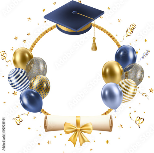 Graduation celebration frame with hat, balluns and diploma. Luxury border for graduate party design card and posters. Vector illustration Eps 10.