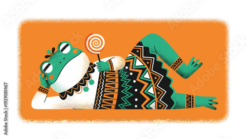 Stylized illustration of a green frog character wearing ethnic patterns lying down and holding a colorful swirl lollipop on orange background.