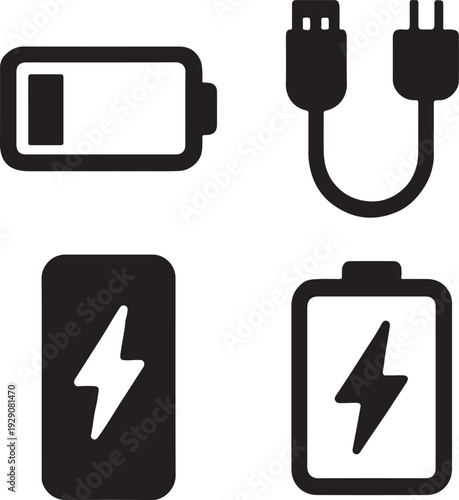 Battery icons depicting charging status and power levels in black
