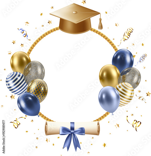 Graduation celebration frame with hat, balluns and diploma. Luxury border for graduate party design card and posters. Vector illustration Eps 10.
