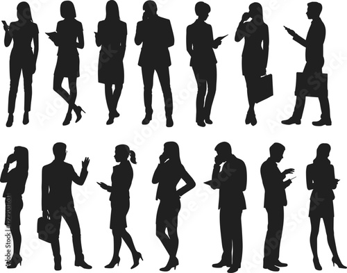 Large collection of black silhouettes featuring professional business men and women using smartphones and digital tablets while standing isolated on white background for communication