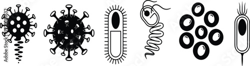 Virus and bacteria microorganism silhouette icon collection for microbiology medical research infection disease and healthcare related design.