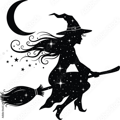 Witch flying on broomstick silhouette vector illustration, black magical sorceress under crescent moon with stars for Halloween fantasy night and mystical