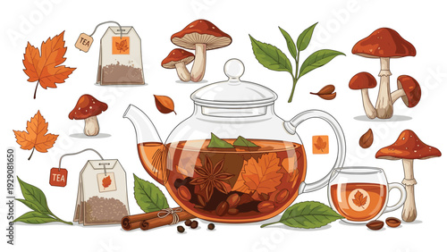 Cozy autumn tea composition with a glass teapot, cups, cinnamon sticks, maple leaves, and wild mushrooms for seasonal warmth and comfort.