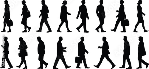 Large collection of black silhouettes featuring professional business men and women walking with briefcases in various side profile poses isolated on white background