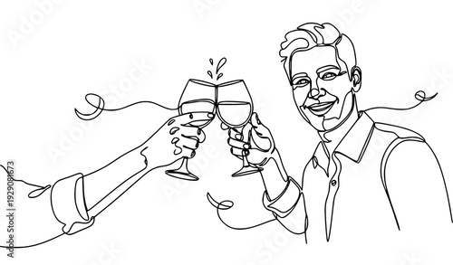 Continuous one line drawing of hands toasting wine glasses with smiling man festive vector art