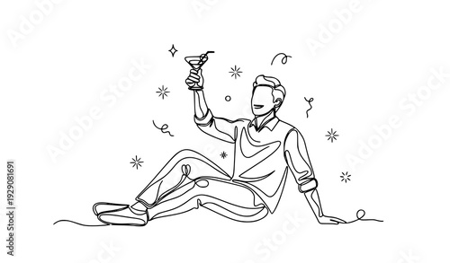 Single stroke continuous line party man drinking cocktail cheers holiday decoration vector illustration