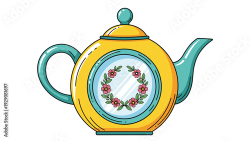 Bright yellow ceramic teapot featuring a round floral design on the side with a teal handle and spout for kitchen and tea time illustrations.
