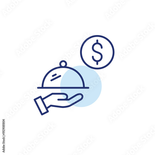 Restaurant cloche and dollar. Room service meal cost, gourmet dish payment, fine dining expense. Pixel perfect, editable stroke vector icon