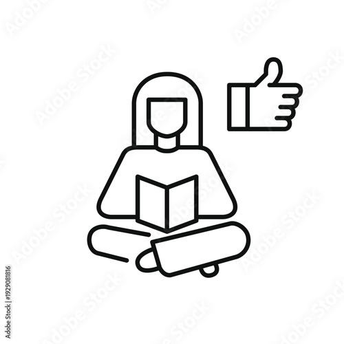 Woman reading a book and thumbs up. Learning approval, reading satisfaction and knowledge growth. Pixel perfect, editable stroke vector icon
