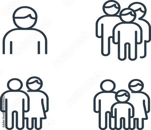 Personal profile icon set with single user, social demographic group, couple and family unit symbols