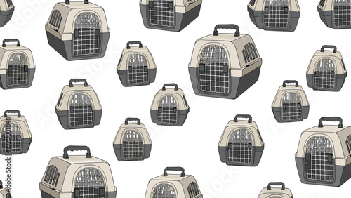 Seamless background pattern of plastic pet carriers in various sizes and orientations for travel, veterinary clinic, and animal care themes.