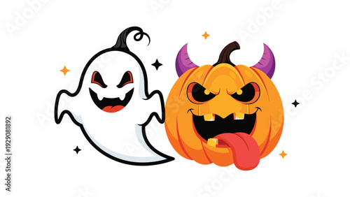 Spooky and fun Halloween illustration featuring a smiling white ghost and a carved orange pumpkin jack o lantern with glowing eyes.